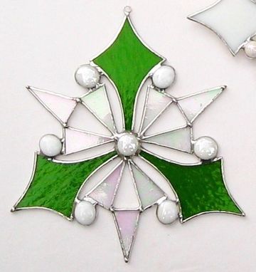 Custom Made Snowflake-Peace On Earth-In Iridescent Clear, And Moss Green Stained Glass