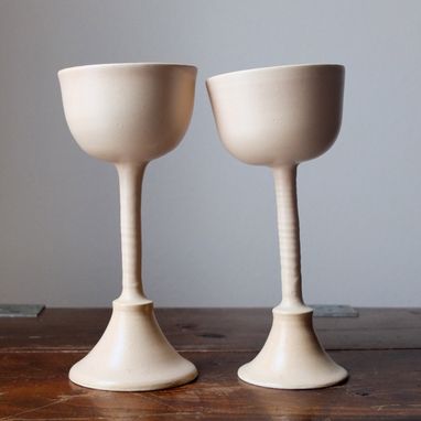 Custom Made Leaning Towers 2 Ivory Purple Wine Glasses Goblets Chalices Wheel Thrown Stoneware Ceramic Pottery