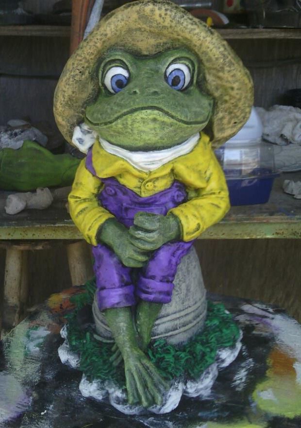 Hand Crafted Fishing Frog 18 Tall Concrete Yard Art by Tangi Trading Post