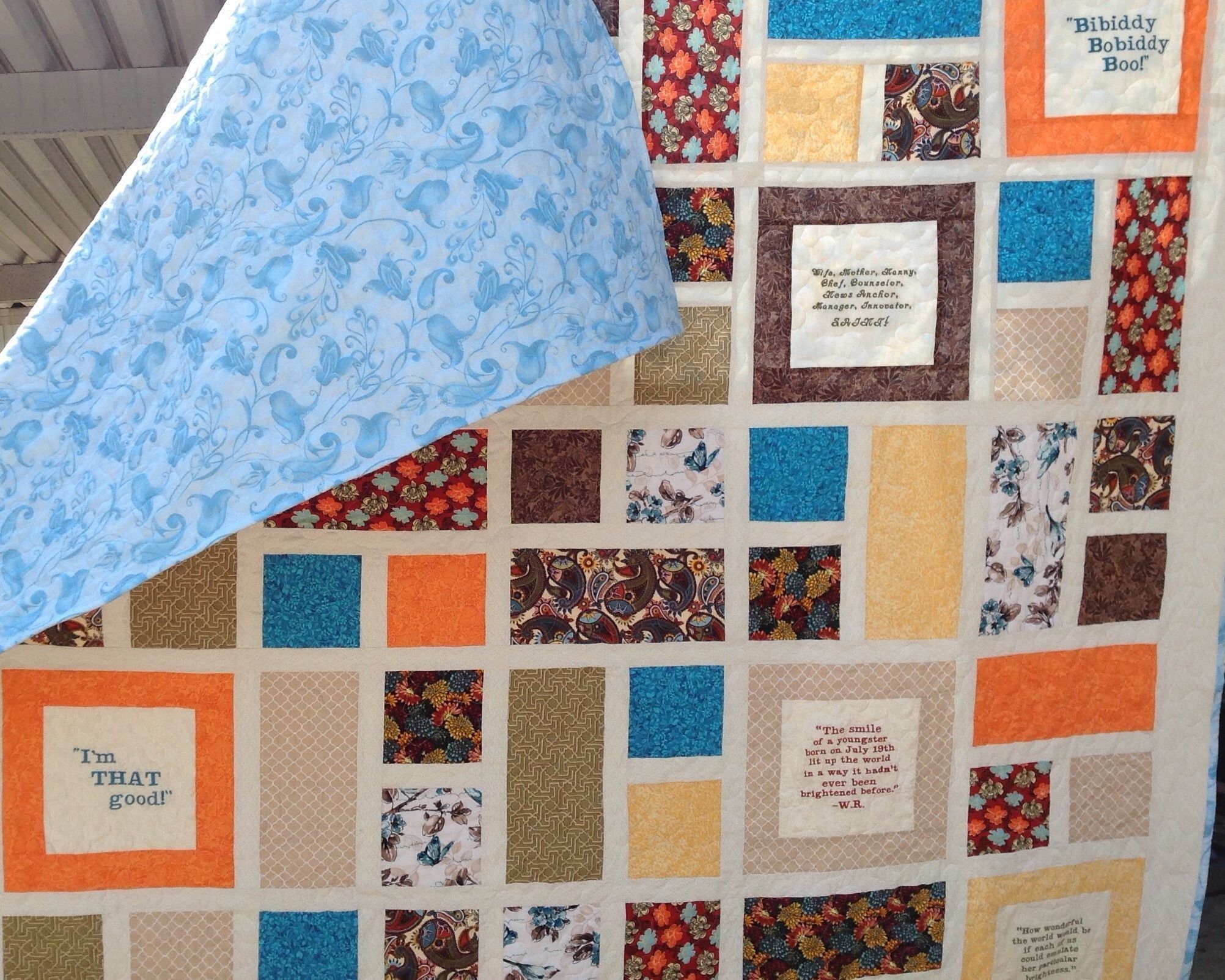 Hand Crafted Custom Window Pane Embroidered Memory Quilt by
