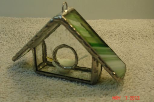 Custom Made Empty Nest Bird House Ornament In Clear Streamer Glass W/ White Glass Bird