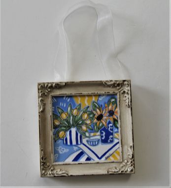 Custom Made Framed Sunflower And Tulip Acrylic Painting, 5" X 5", Original Acrylic Art Canvas