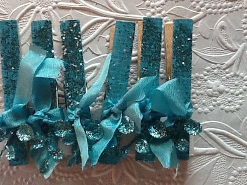 Custom Made Turquoise Blue Glittery Ribboned Flocked Paper Covered Clips