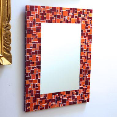 Custom Made Mosaic Pattern Bathroom Wall Mirror In Red & Orange Stained Glass