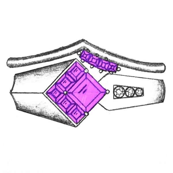 Sketch for a bold, modern ring, setting a cluster of square cut gems on a bold, wide knife-edge shank.