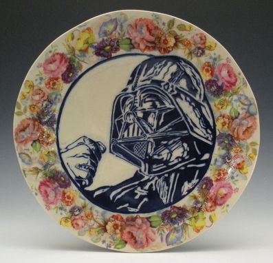 Custom Made Cobalt Blue Darth Vader Porcelain Plate With Vintage Floral Decals