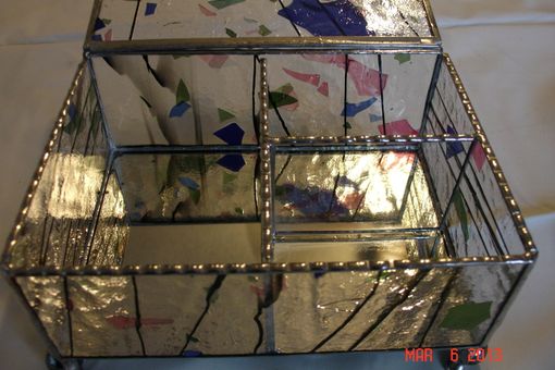 Custom Made Stained Glass Jewelry Box W/ Dividers In Blue, Pink & Green With Marbled Feet