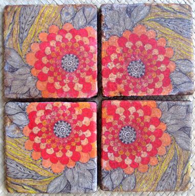 Custom Made Tile Coasters Handmade Poppy Design -Set Of 4 Orange Red Yellow