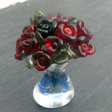 Custom Made Miniature Glass Bouquet Of Red Roses In Glass Vase