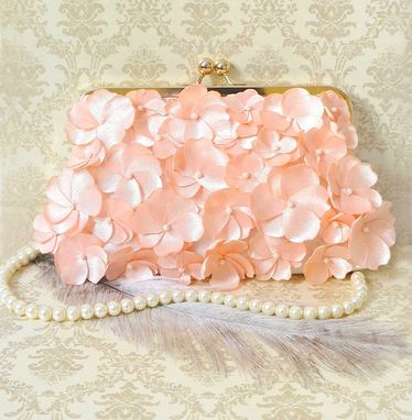 Custom Made Peach Clutch Purse With Handmade Flowers And Pearl Accents