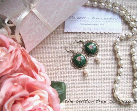 Custom Made Vintage-Inspired Floral Cameo Earrings In Pink And Green
