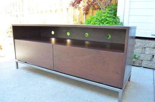 Custom Made Walnut Wood And Steel Entertainment Stand