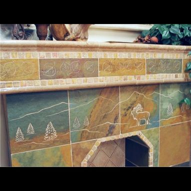 Custom Made Engraved Tile Slate Fireplace Surround & Mantle