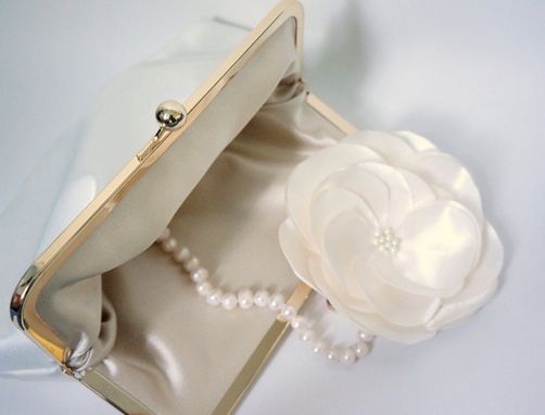 Custom Made Pleated Ivory Satin Clutch Purse With Flower Accent