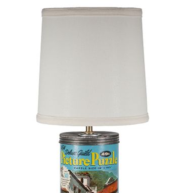 Custom Made Vintage Jigsaw Puzzle Container Upcycled Lamp With New Lampshade