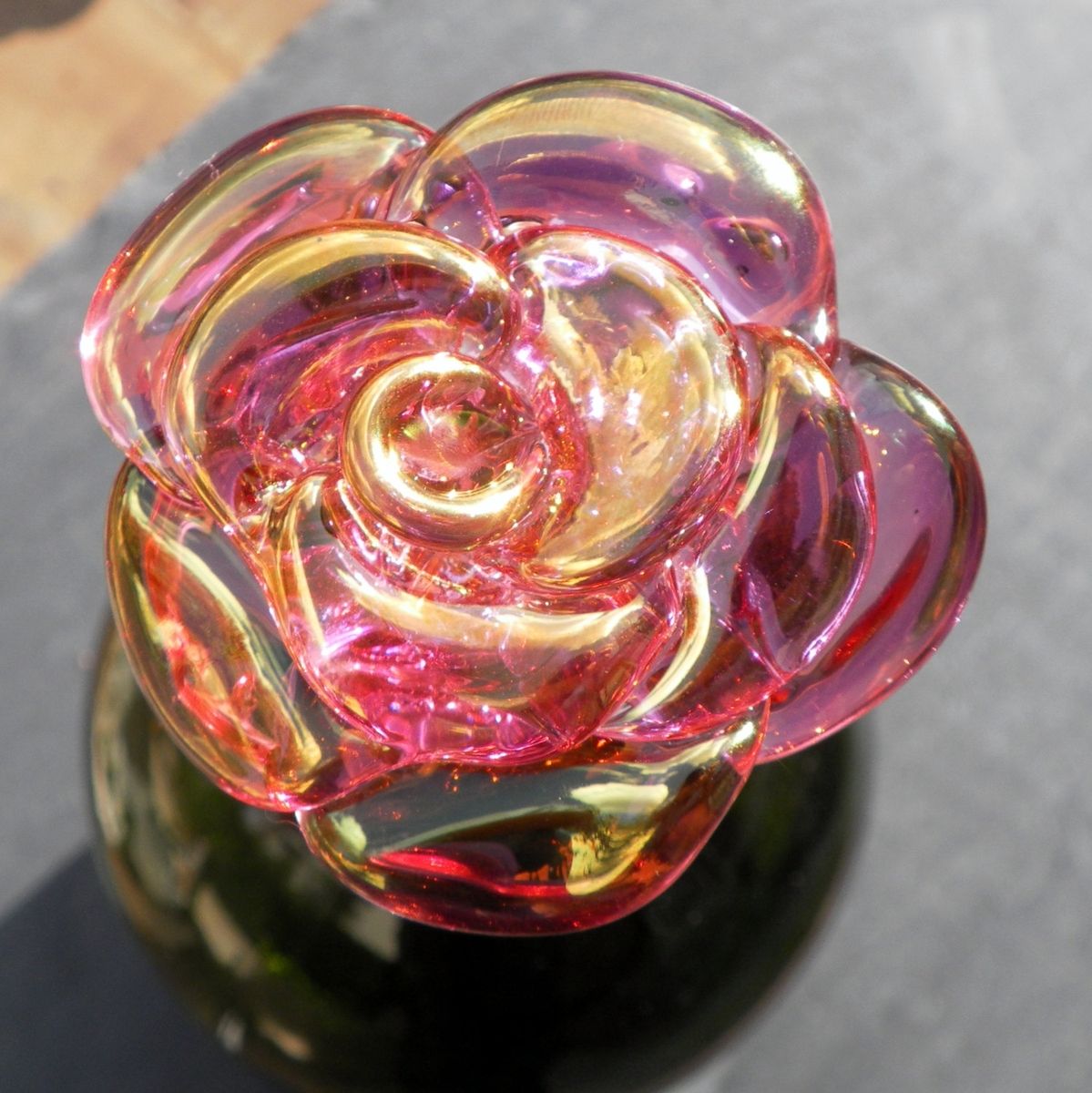 Hand Made Large Transparent Pink Glass Rose And Stainless Steel Bottle ...