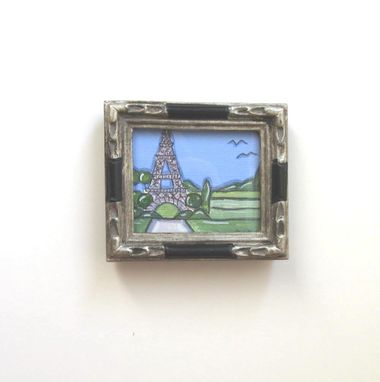 Custom Made Miniature Eiffel Tower Painting, Country French, Paris, Silver Frame, Miniature, Acrylic, Pen & Ink