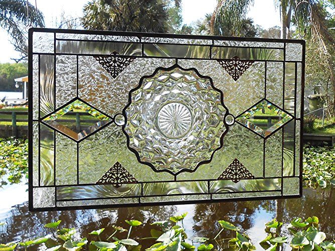 Antique Window Valance Stained Glass Plate Panel Vintage Stained Glass Depression Glass Petal Pattern Glass Transom Window