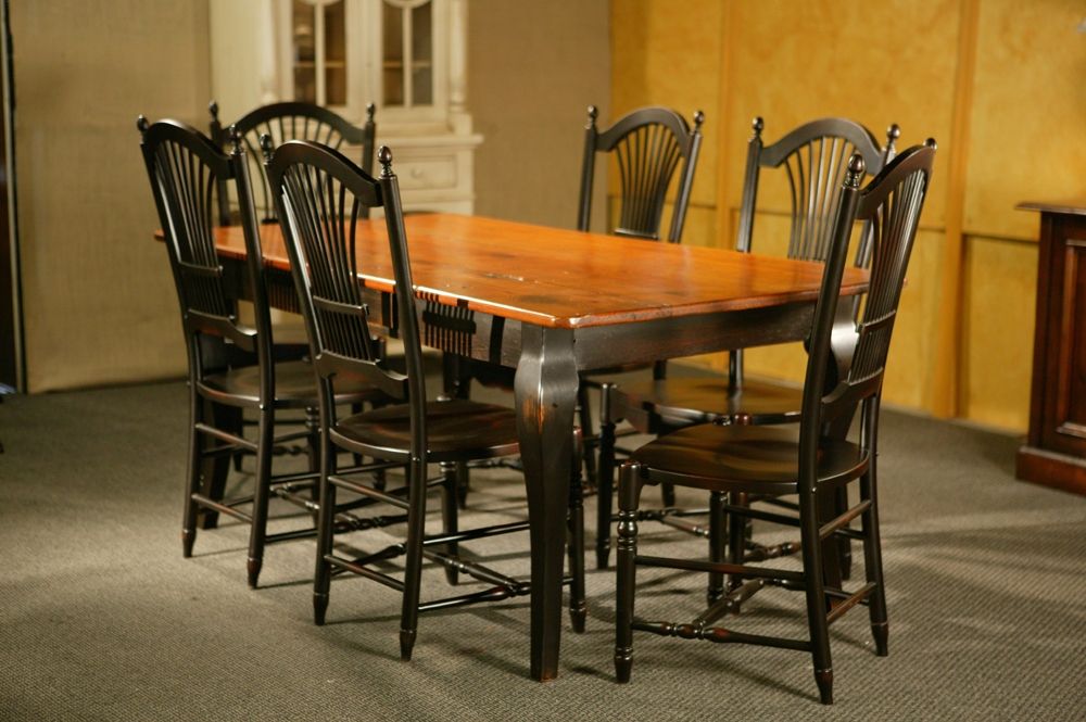 Hand Made Pine Dining Table With Brown Cherry Finish & Black French