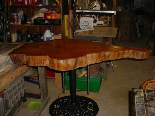 Custom Made Live Edged Cypress Slab Top Table Antique Cast Iron Base