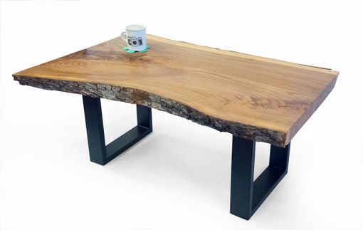 Custom Made Live-Edge Elm Coffee Table With Metal Hand-Forged Legs