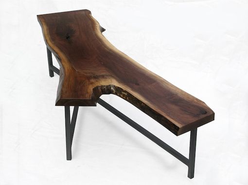 Custom Made Square Steel Frame Bench Shown With Forked Black Walnut Live Edge Slab