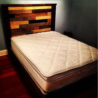 Custom Made Rustic Platform Bed W/ Multicolor Plank Headboard //Rustic Furniture