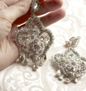 Custom Made Custom Lace Bridal Chandelier Earrings With Freshwater Pearls And Vintage Rhinestones