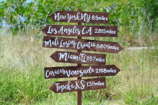 Custom Made Rustic Wood Directional Sign, Mileage Destination Wooden Sign Post