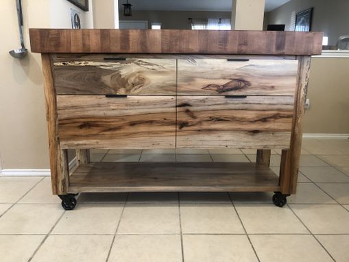 Custom Made Texas Pecan Kitchen Cart Work Station With Maple End Grain Dyed Cherry