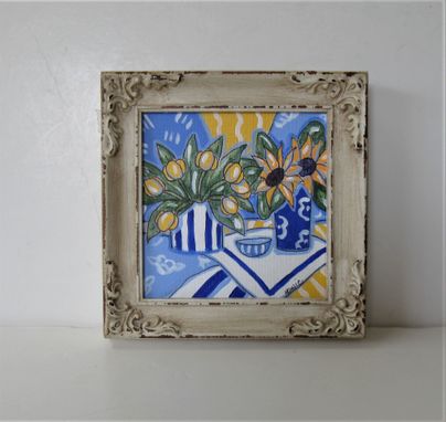 Custom Made Framed Sunflower And Tulip Acrylic Painting, 5" X 5", Original Acrylic Art Canvas