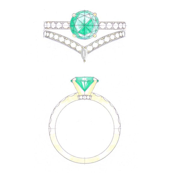 This engagement ring’s solitaire emerald is highlighted by diamond accents and a matching tiara wedding band.
