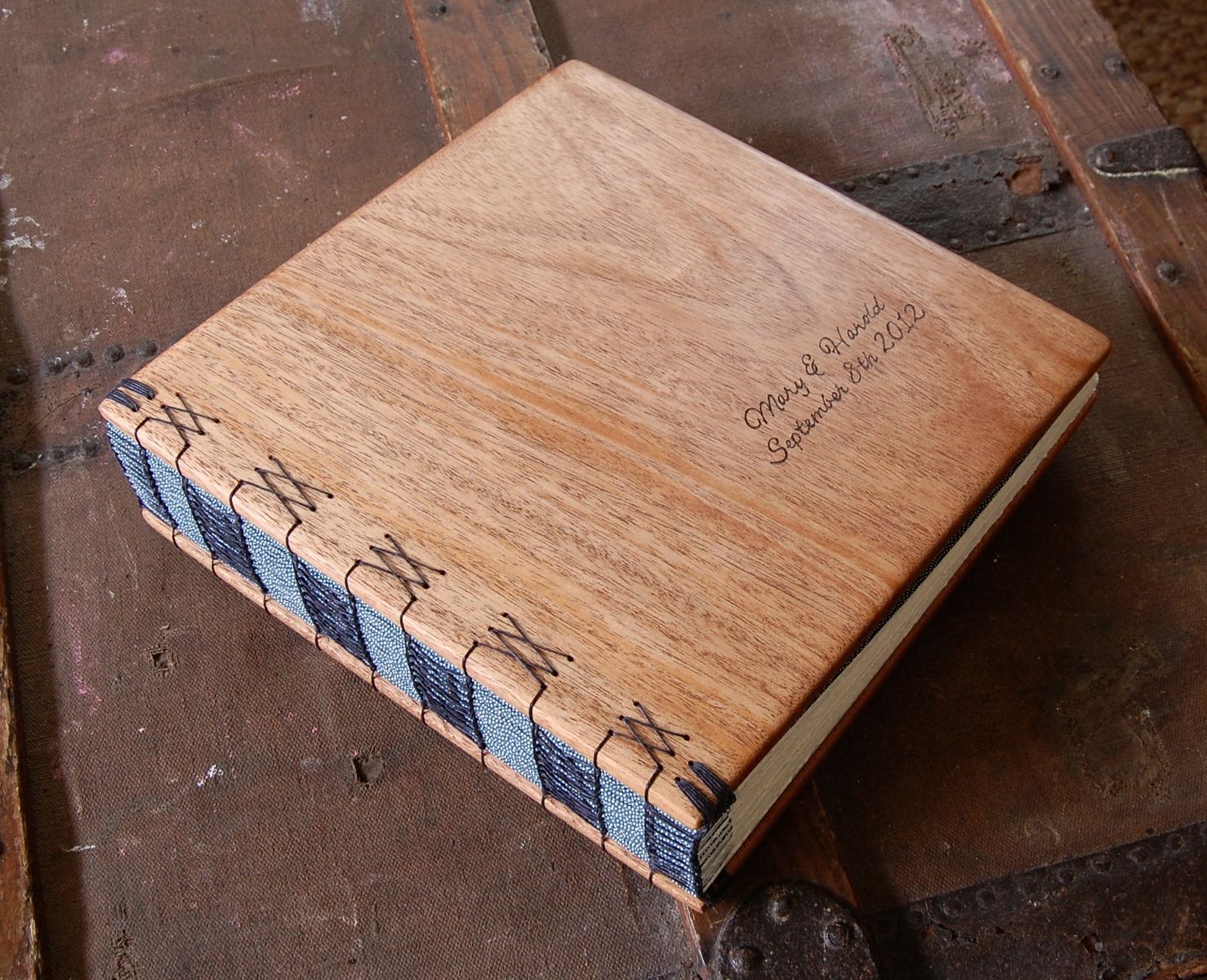 Custom Wedding Photo Album Mahogany Wood Book by Three Trees Bindery