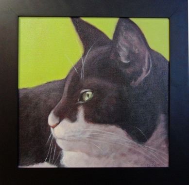 Custom Made Original Black And White Cat Painting On Lime Background - Original Cat Art