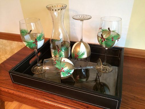 Custom Made Painted Wine Glasses // Holiday Wine Glasses // Pine Berry Wine Glasses