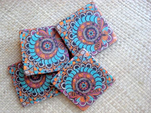 Custom Made Handmade Coasters With Original Artwork-Set Of 4 Turquoise Orange Magenta