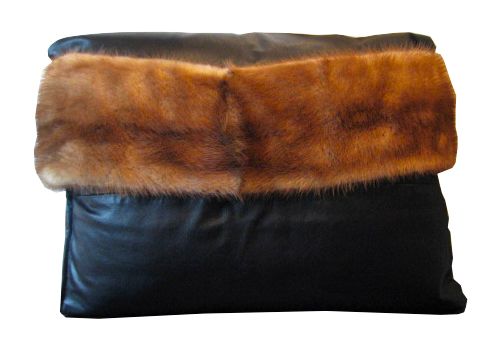 Custom Made Upcycled Black Leather And Mink Fur Throw Pillow