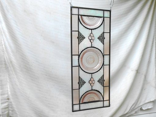 Custom Made Pink Depression Glass Coronation Plates, Antique Stained Glass Transom Window