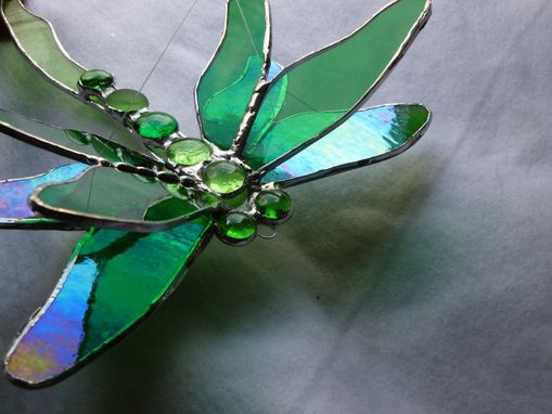 Custom Made Double Winged Dragonfly Stained Glass Art In Green