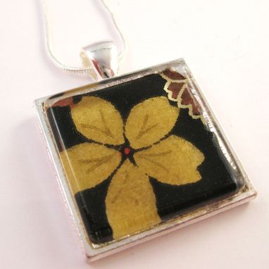 Custom Made Square Glass Tile Pendant With Olive And Black Design