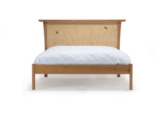 Custom Made Queen Bed Frame, Wood Headboard, Platform Bed, Handmade, Cherry, Curly Maple, Inlay, Bedroom