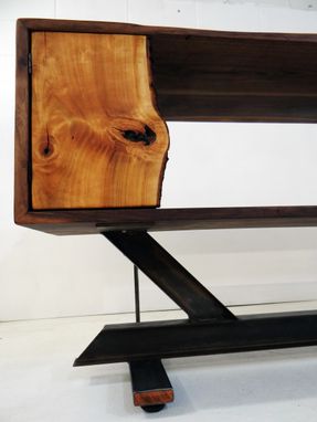 Custom Made Walnut Console Table With Metal I-Beam Base And Live Edge Cherry Doors