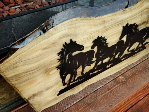 Custom Made Live Edge & Metal Wall Art. Running Horses. Rustic / Lodge / Cabin Decor. Real Wood And Resin.