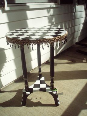 Custom Made Hand Painted Black And White Checked Accent Table // Round Pedestal Table