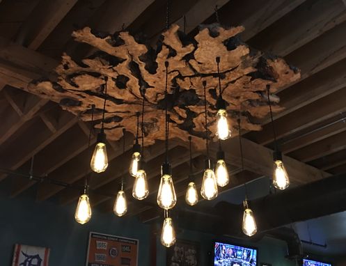 Custom Made Extra Large Live-Edge Olive Wood Chandelier. Rustic And Industrial Light Fixture