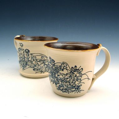 Custom Made Pair Of Pottery Coffee Mugs With Drawings Of Black Flowers