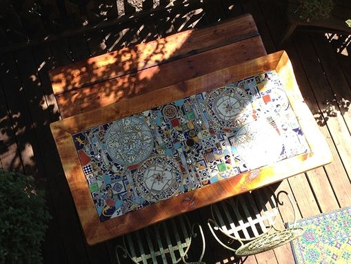 Custom Made Reclaimed Lumber Inlaid Mosaic Outdoor Patio Table