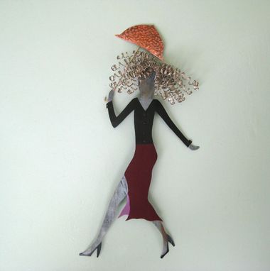 Custom Made Handmade Upcycled Metal Umbrella Lady Wall Art Sculpture In Deep Red And Black