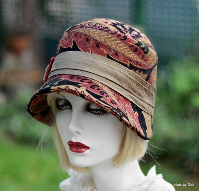 Custom Made Fall Winter Cloche Hat In Bohemian Red Paisley Print Fabric