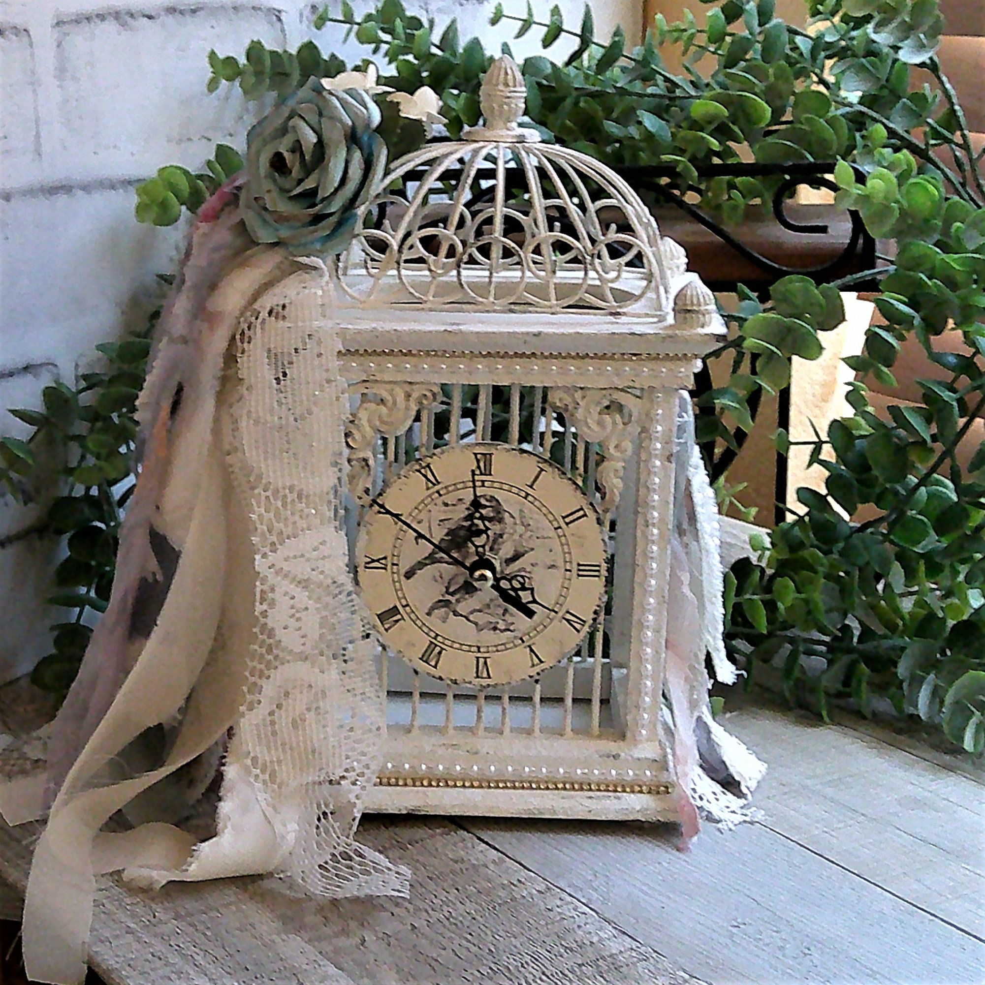 Custom Bird Cage Clock Blue Shabby Chic Decor Handmade Vintage Roses by